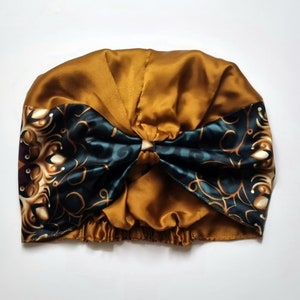 Turban satin REVERSIBLE , turban nuit, viscose premium, cadeau pour elle, bonnet satin femme, cheveux bouclés, bonnet chimio, alopécie Gold