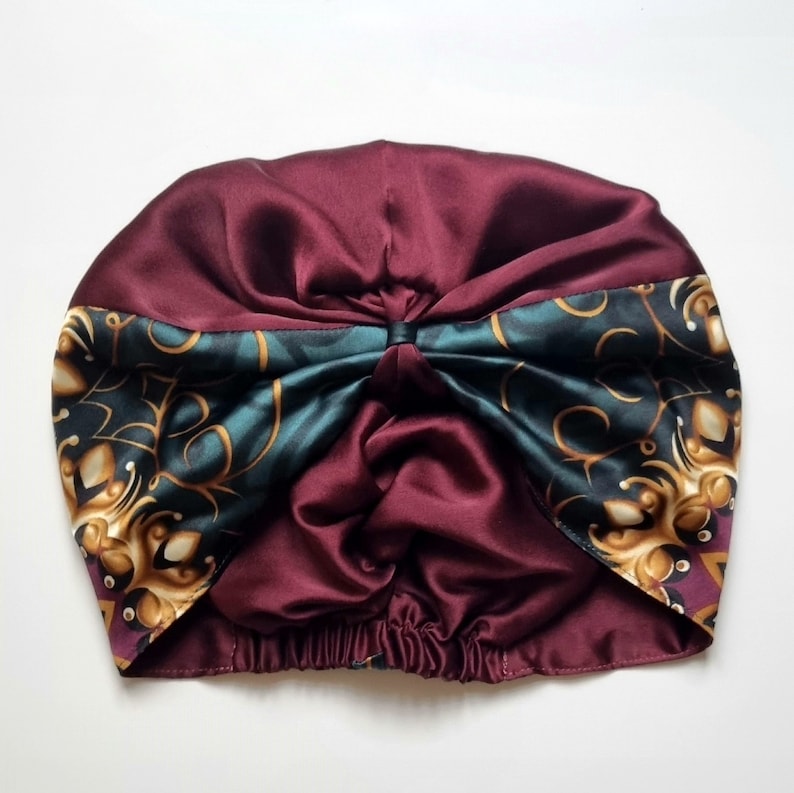 Turban satin REVERSIBLE , turban nuit, viscose premium, cadeau pour elle, bonnet satin femme, cheveux bouclés, bonnet chimio, alopécie Bordeaux