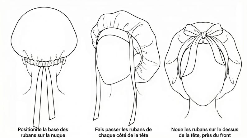 May include: Line drawing showing three steps for tying a bonnet. The first shows the ribbons at the nape of the neck. The second shows the ribbons passing on each side of the head. The third shows the ribbons tied on top of the head, near the front.