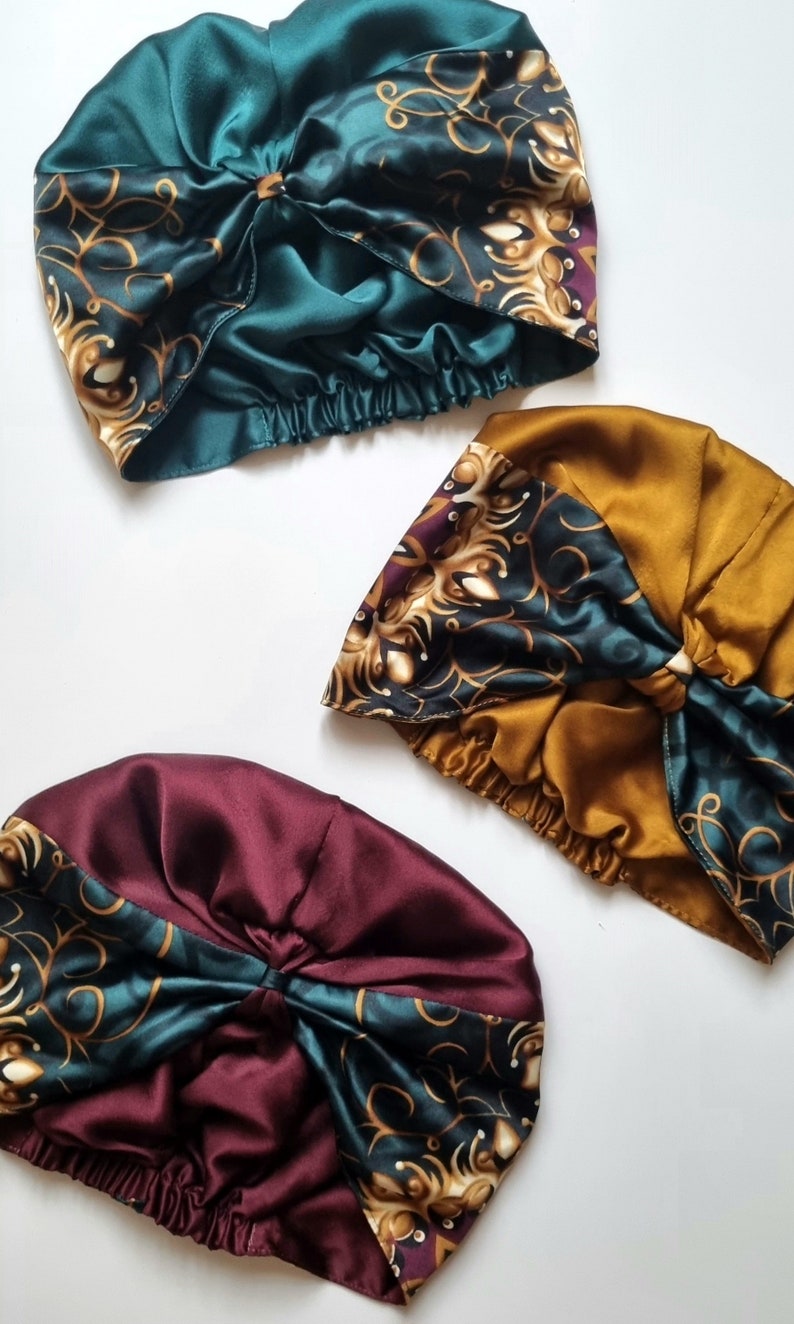 Turban satin REVERSIBLE , turban nuit, viscose premium, cadeau pour elle, bonnet satin femme, cheveux bouclés, bonnet chimio, alopécie image 3