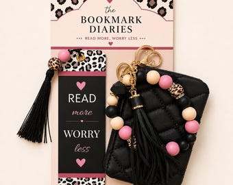 Bookish Gift Set with Beaded Wristlet | Book Lover Gift | Gifts She’ll Love | Leopard Print Bookmark | Silicone Keychain | Teacher Gifts