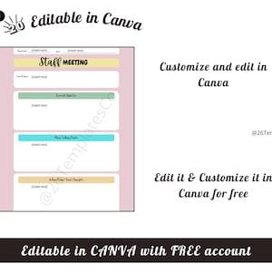 May include: A pink and white printable staff meeting template with sections for report, team members, current updates, talking points, and action items. The template is editable in Canva with a free account.