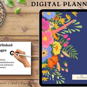 May include: A digital planner app on a tablet with a floral design. The app is called "My Planner" and has hyperlinked pages. The tablet is on a wooden surface.