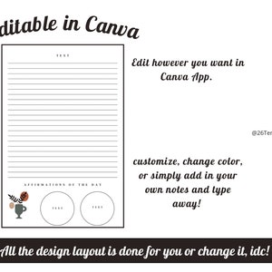 Op de afbeelding: Een printbare planner-sjabloon met een gelinieerd gedeelte voor notities, een gedeelte voor affirmaties en de tekst "Editable in Canva". De sjabloon is ontworpen om in Canva te worden aangepast.