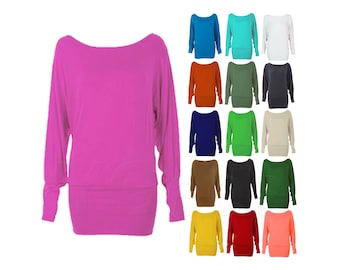 Womens Batwing Long Sleeve Tunic Top Ladies Plain Scoop Neck Waistband Loose Fit Blouse Stretch Basic T-Shirt UK Plus Tops Size 8-26