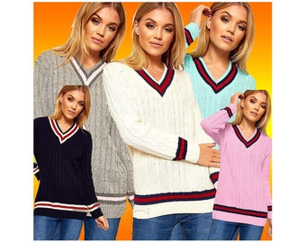 Womens V Neck Cricket Jumper | Ladies Knitted Winter Jumper | Sport Sweater Stretch Pullover Top | Plus Size Knit Jumpers