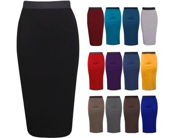 Ladies Plain Bodycon Pencil Midi Skirt Womens Waistband Elasticated Stretch Tube Wiggle Long Office Skirt Costume Dress Plus Size 8-26