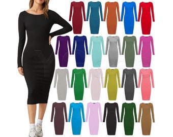 Womens Ladies Long Sleeve Bodycon Midi Dress Plain Crew Neck Boho Holiday Beach Cocktail Party Dress Plus Size Slim Fit Casual Dresses