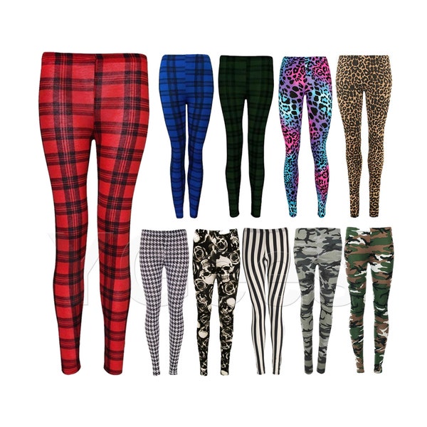 Womens Full length Leggings Ladies Elasticated High Waist Leggings Skinny Stretch Pants Printed Leggings Camouflage Tartan Check Leopard