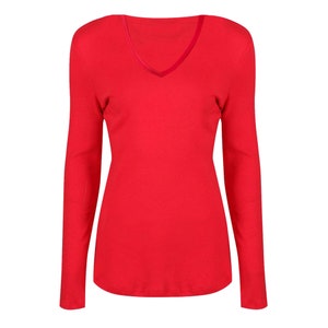 Custom V Neck Shirt, Women T shirt, Personalized Soft V-Neck T Shirt, Unisex Fit Long Sleeve Round Scoop, Ladies Jumper, Plain Clothing Red