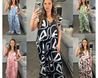 Italian Printed Frill Sleeve Ladies Jumpsuit Womens V Neck Baggy Style Dresses Top Plus Size UK