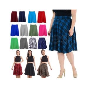 Skirt for Women Elasticated Waist Flippy Knee Length Skater Midi Skirt Flared Jersey Dress Ladies Pencil Skirts Plus Size Box Check Skirt image 1