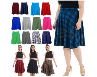 Skirt for Women Elasticated Waist Flippy Knee Length Skater Midi Skirt Flared Jersey Dress Ladies Pencil Skirts Plus Size Box Check Skirt