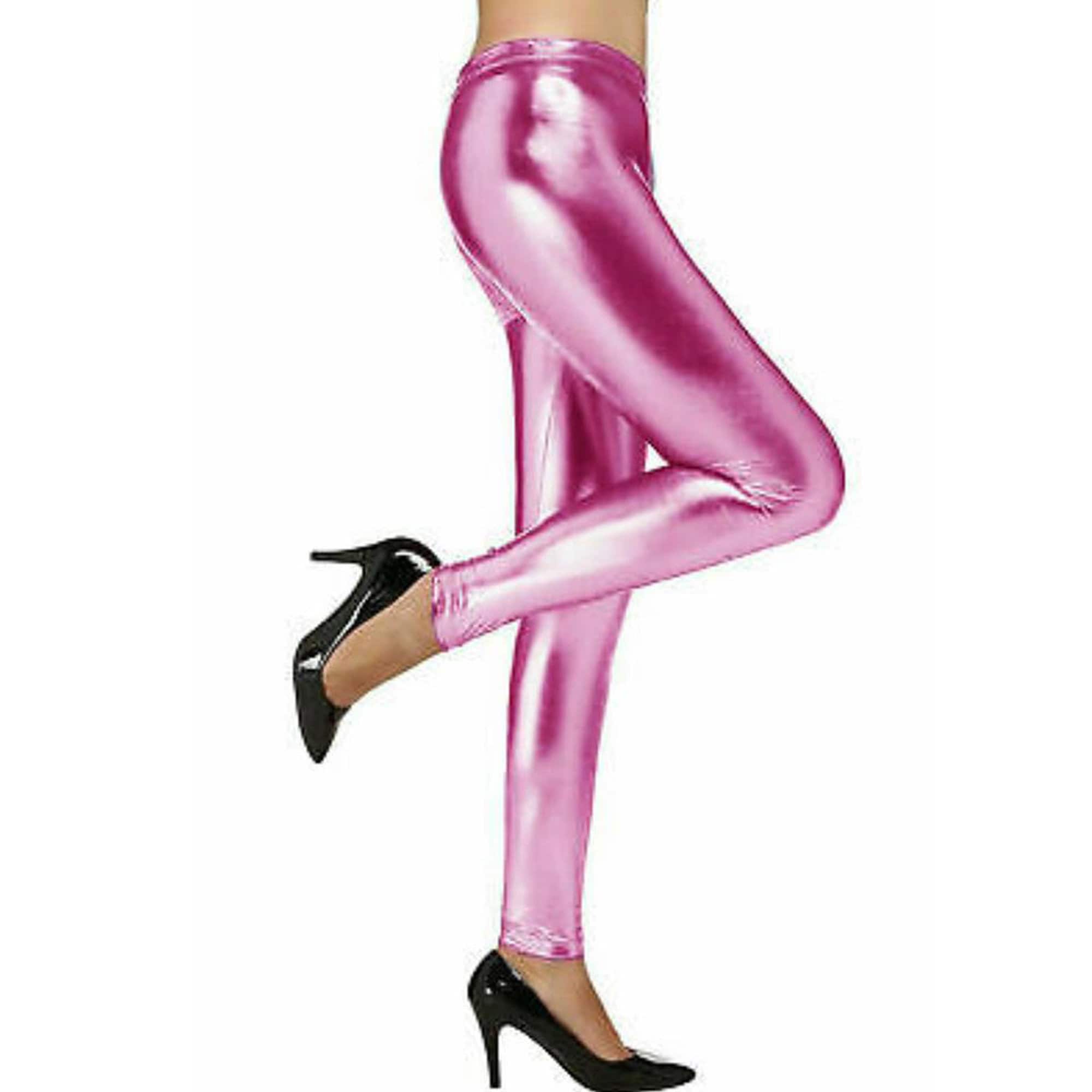 Metallic Leggings Stretchy Pants Neon Fluro Shiny Glossy Dress Up Dance Party - Hot Pink main image 0