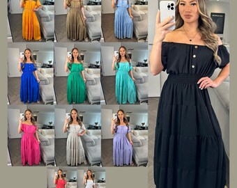 Women's Maxi Dress Off Shoulder Boho Maxi Dresses Ruffle Frill Short Sleeve Ruched Pleated  Strapless Plus Size UK