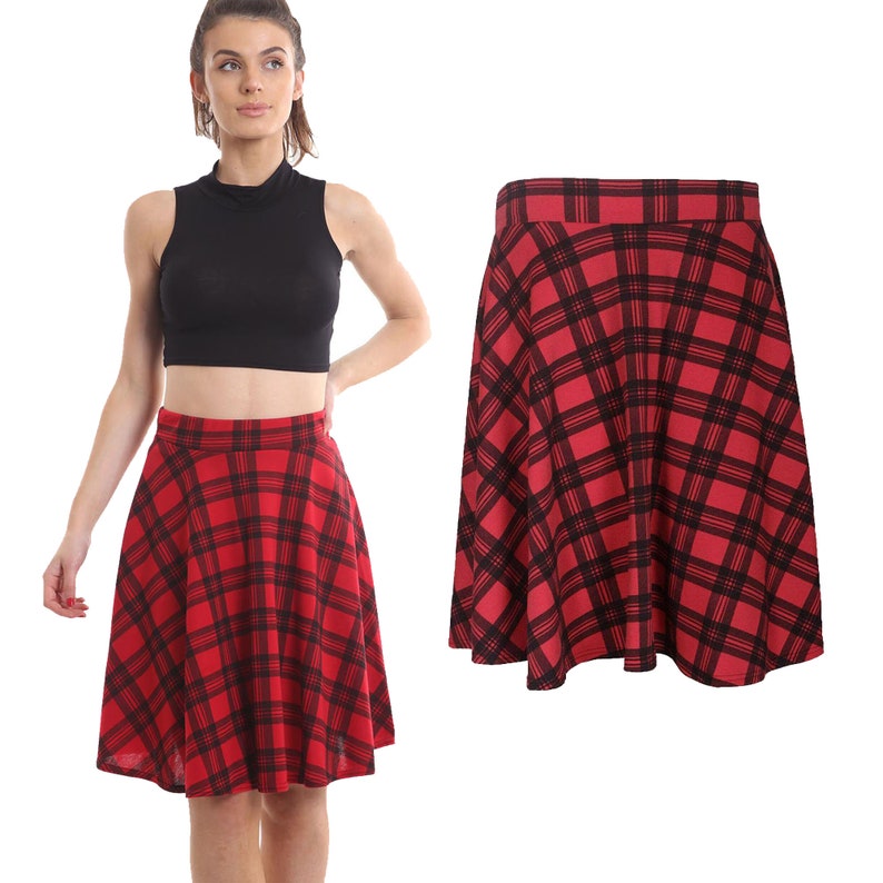 Skirt for Women Elasticated Waist Flippy Knee Length Skater Midi Skirt Flared Jersey Dress Ladies Pencil Skirts Plus Size Box Check Skirt Red Tartan