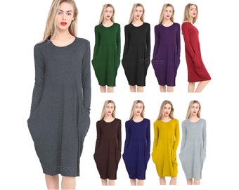 Womens Italian Parachute Midi Dress With Baggy Pocket, Stretch Long Tunic Top, Minimalist Ladies Summer Dress, Party & Holiday Wear