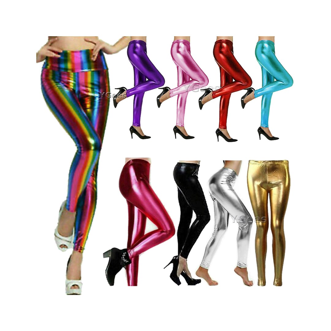 Metallic Leggings Stretchy Pants Neon Fluro Shiny Glossy Dress Up Dance Party - Hot Pink