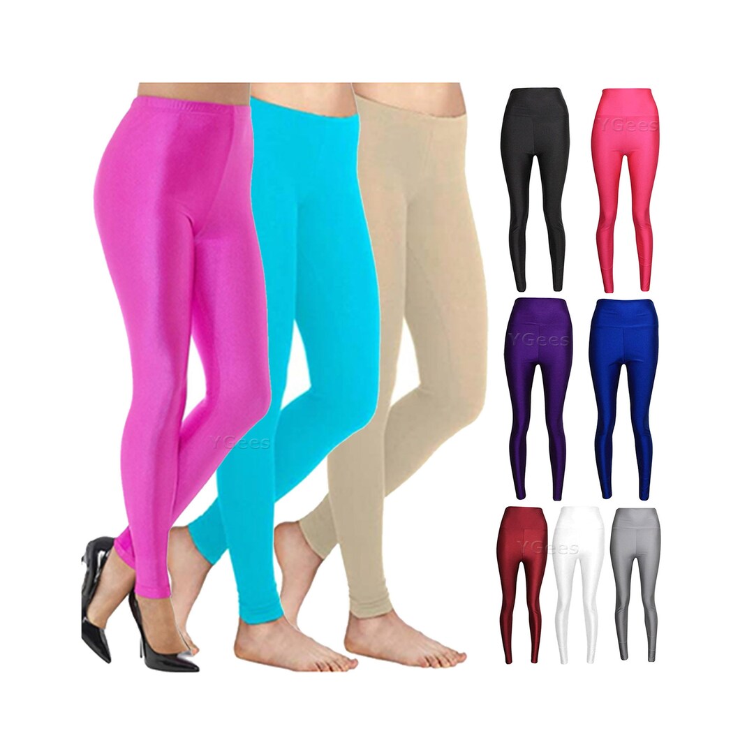 Ladies Womens Stretch Shiny Disco Leggings Fancy Costumes Party Neon