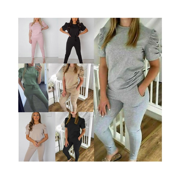 Women's Casual Ruched Puff Sleeve Loungewear Set with Jogger Tracksuit - 2 Piece Co-ord Set with Trouser Pockets - Trendy jogger set