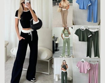 2Pieces Set Womens Ladies Ribbed Contras Cap Sleeve Crop Top Drawstring Trouser Short Sleeve Crew Neck Size (8-16) UK