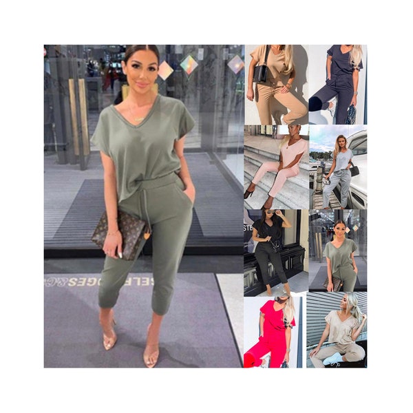 Womens V Neck 2 Piece Tracksuit, Women Short Sleeves Crop Top 2 Piece Set, Ladies Jogging Co-Ord Set, Women’s Comfy Boxy Loungewear