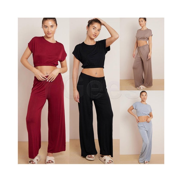 Women Ladies Cropped Top & Trouser Lounge Wear 2Pcs Set Plain Short Sleeve Elasticated Waist Two Piece Outfit Loungewear Tops Bottom Pants