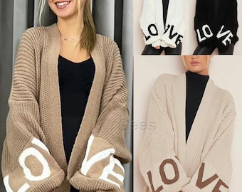 LOVE Balloon Sleeve Cardigan Slouchy Sweater - Ladies Casual Chunky Knitted Cropped Cardigan -Women Spring Fashion Jersey - Fashion Jacket