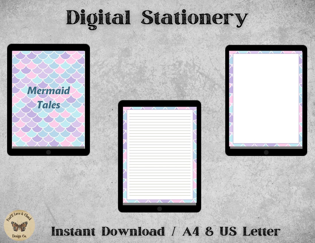Mermaid Tales Digital &amp; Printable Stationery A4, US Letter 8.5x11 in ...