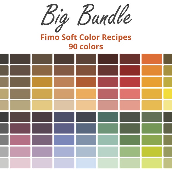 Polymer Clay color recipes, Fimo Soft mixing guide, Big Bungle, Full palette of 90 colors, Polymer Clay Mixing Tutorial