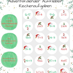 Mathe Adventskalender Sticker 24 Rechenaufgaben | Zahlen 1-24 | Weihnachtskalender Aufkleber für Kinder und Grundschüler | DIY Kalender
