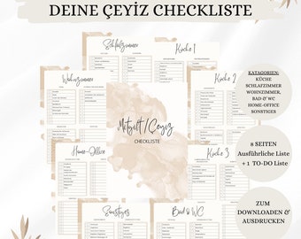 Ceyiz Liste Deluxe | Mitgift Checkliste auf deutsch | Checkliste für die erste gemeinsame Wohnung | Digitaler Download | 9 DIN A4 Seiten |