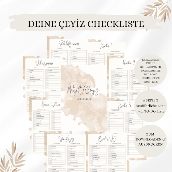 Ceyiz Liste Deluxe | Mitgift Checkliste auf deutsch | Checkliste für die erste gemeinsame Wohnung | Digitaler Download | 9 DIN A4 Seiten |