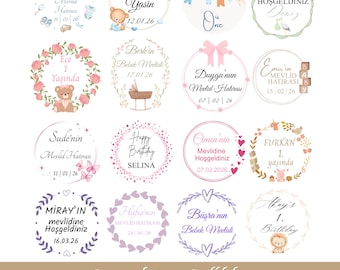 Personalized stickers for party favors | Birth, birthday, baby shower | Custom text & design