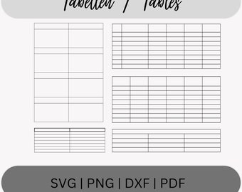 Tabelle SVG für Cricut Schneidemaschine | Plotterdatei Vorlage | Tabellen mit Plotter schneiden | Blanko Charts Table |  Plotterdatei Bundle