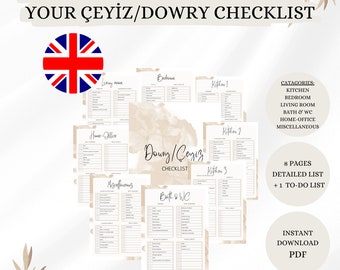 Puede incluir: Una lista de verificación imprimible para una dote o "ceyiz" en inglés y turco. La lista de verificación está dividida en categorías como cocina, dormitorio, sala de estar, baño y WC, oficina en casa y miscelánea. La lista de verificación está diseñada para ser utilizada para los preparativos de la boda.