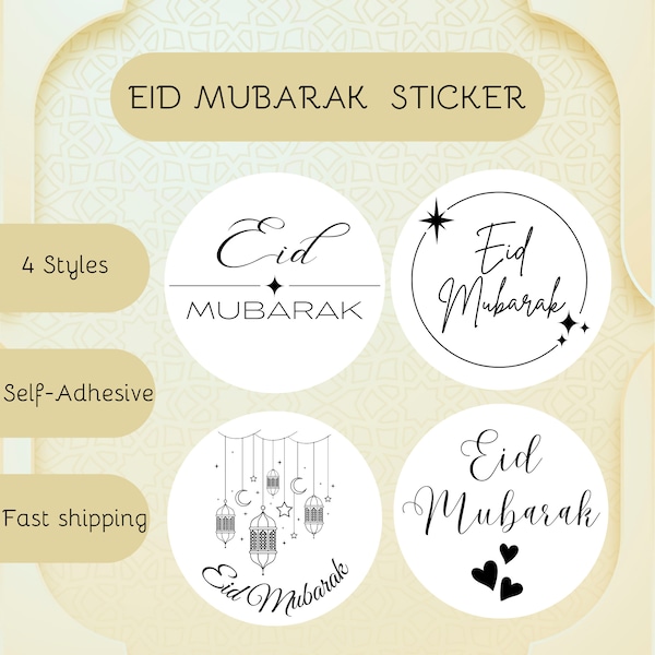 Pack de 24 autocollants Ramadan Eid Mubarak | Autocollants Ramazan | Projets de bricolage | Autocollants pour cadeaux | autocollants noir et blanc | 4 modèles |