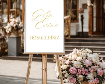 Gelin Evine Hoşgeldiniz Affisch Guld | KIZ EVI | Turkiskt bröllop | Digital nedladdning | Bröllopsinredning | Bröllop Utskrivbar konst A3 A4 A5