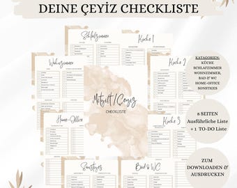 Lista Ceyiz Deluxe | Lista de dote en alemán | Lista de verificación para el primer piso compartido | Descarga digital | 9 páginas DIN A4 |
