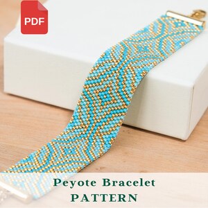 May include: A turquoise and gold beaded Peyote bracelet pattern. The bracelet, with its geometric design, is made of small, evenly spaced beads. It's displayed on a white box. The text "Peyote Bracelet PATTERN" is visible.