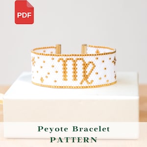 Könnte beinhalten: Weißes Peyote-Armband mit goldenen Akzenten und dem Jungfrau-Symbol. Das Armband ist mit goldenen Perlen und sternförmigen Designs verziert. Das Bild enthält ein PDF-Symbol und den Text "Peyote Bracelet PATTERN".