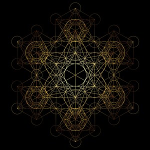 May include: A geometric pattern with a gold outline on a black background. The pattern is made up of overlapping circles, triangles, and squares.