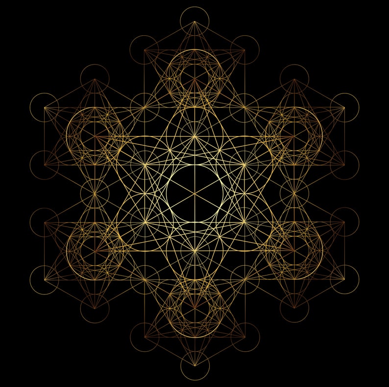 May include: A geometric pattern with a gold outline on a black background. The pattern is made up of overlapping circles, triangles, and squares.