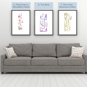 May include: Three framed art prints depicting chakra symbols in red, purple, and yellow hues. The prints are labeled "The throat or Vishuddha chakra", "The Ajina", and "The crown - Sahasrara chakra". The artwork hangs above a gray sofa.
