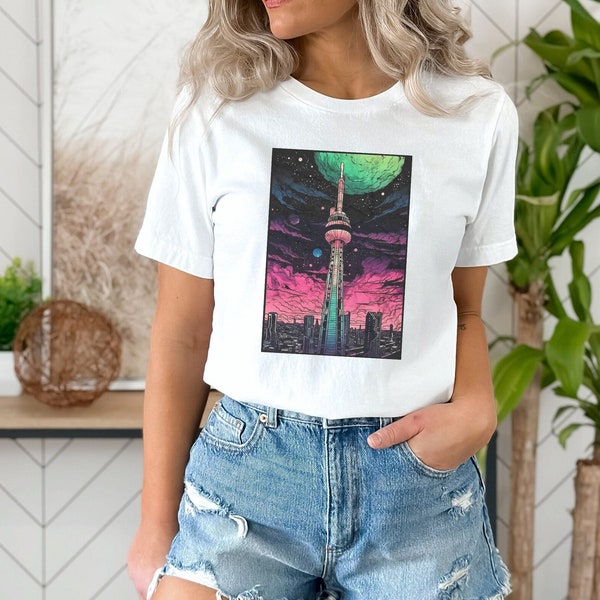 City Nightscape T-Shirt: Berlin's Fernsehturm Tower in Retro Vaporwave Galaxy Style. Retro Wash Out Design. Occult Fashion, Emo Dark Apparel