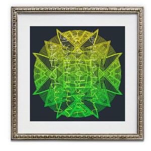 May include: Framed art print featuring a geometric design in shades of green and yellow against a dark background. The artwork is encased in a silver-colored frame, adding a touch of elegance to the piece. The design is intricate and abstract.