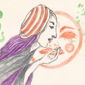 Könnte beinhalten: Eine Bleistiftskizze einer Person, die Küsse in Richtung einer stilisierten Sonne bläst. Die Person hat orange-weiß gestreiftes Haar und einen lila Schal. Die Sonne ist orange mit einem Gesicht, und grüne Handabdrücke sind verstreut.