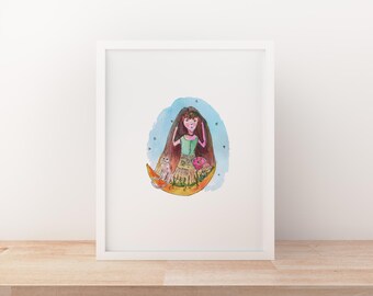 Adventure Time, Mond und Katze, Aquarell magische Lichtfee Illustration, Kinderzimmer Dekoration, Fantasy Kunst, wunderliche Illustration