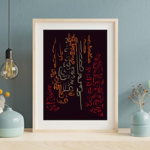 May include: Abstract art print in a wooden frame. The artwork features a dark background with orange and red linear shapes. The print is displayed on a white shelf with vases and a hanging light bulb.