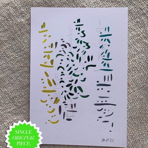 May include: A white card featuring abstract shapes in yellow, green, and dark purple. The card has the text "SINGLE ORIGINAL PIECE." in a green starburst. The artist's initials and the number 25 are in the lower right corner.